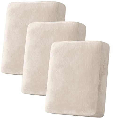 H.VERSAILTEX Velvet Stretch Couch Cushion Cover Plush Cushion Slipcover for Chair Loveseat Sofa Cushion Furniture Protector Seat Cushion Sofa Cover (3 Piece Sofa Cushion Covers, Ivory)