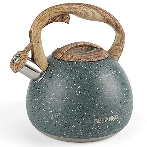 BELANKO 2.7 Quart Tea Kettle for Stovetops - Food Grade Stainless Steel Teapot with Loud Whistle, Cool-Touch Wood Pattern Handle, Rust-Resistant Whistling Kettle - Starry Green