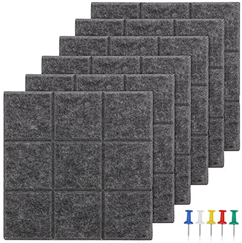 Gukasxi 6 Pack Felt Bulletin Board with 35 Push Pins, Felt Board Tiles for Wall,Square Pin Board Tiles for Photos, Notes, Letter, Memo, Self-Adhesive Vision Board (Dark Gray)
