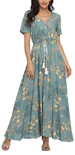 VOGMATE Boho Kleid Damen Lange V-Ausschnitt Kurzarm Blumen Maxikleider Damen Sommer Strandkleid Sommerkleid Herbstkleid Partykleid Blumenkleid Elegant mit Schlitz