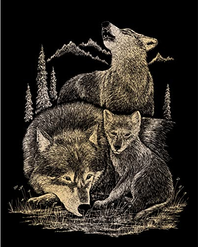 Pracht Creatives Hobby & Langnickel - Kratzbild Wölfe, Gold, Kratzbilder für Kinder und Erwachsene, mit Kratzstift Vorlage, 4674-20231