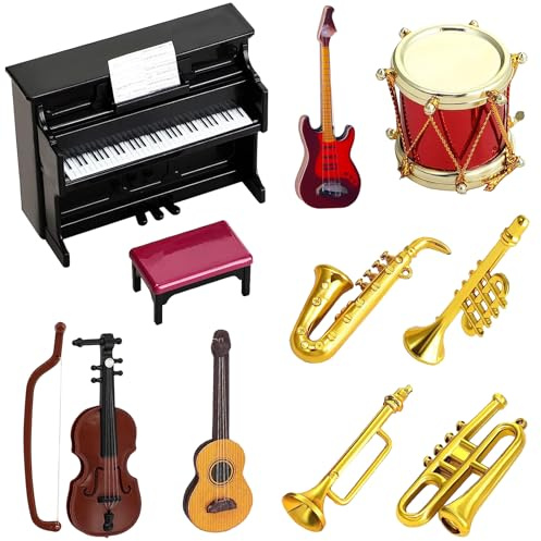 Modelli di Strumenti Musicali in Miniatura,10 pezzi Set di Strumenti Musicali in Miniatura,1:12 Mini Strumento Musicale, mini batteria,chitarre, pianoforte,per Casa delle Bambole