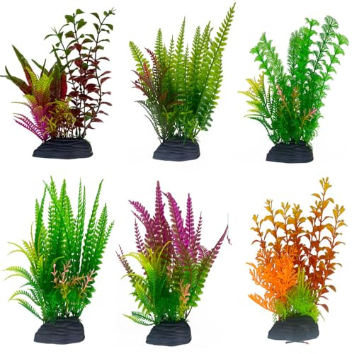 Loopunk 6 plantas acuáticas artificiales grandes | Decoraciones de acuario de plástico y adornos de plantas de pecera | Plantas de acuario coloridas, realistas y de bajo mantenimiento para decoración