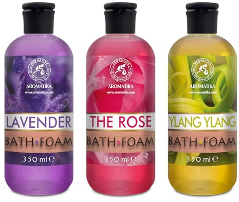 Badeschaum Set 3x350ml - Badeschaum mit Ätherischem Lavendelöl & Rosenöl & Ylang Ylang Öl - Aromatherapie Badewanne - Körperpflege - Entspannung - SPA - Baden - Badezusatz - Schaumbäder