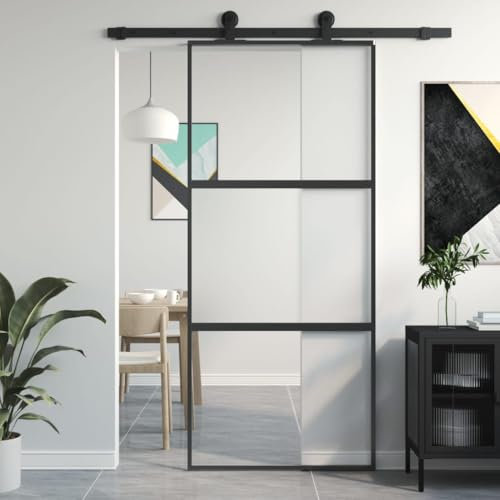 Gecheer Porta Scorrevole Nera 90x205 cm in Vetro Temperato e Alluminio,Porta,Scorrevole,Porta Interne,Set Porte Sorrevoli,Porta Scorrevole in Vetro e Alluminio,Porta per Interno,A155202