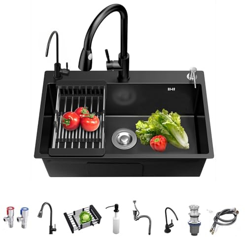 Fregadero Cocina Negro 60 x 45cm, Fregadero Cocina en Acero Inoxidable, Fregadero Bajo o Sobre Encimera Con grifo extraíble/dispensador de jabón/escurreplatos/grifo de agua purificada (Negro, 60x45cm)
