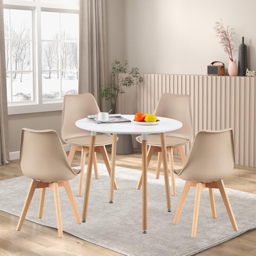 H.J o runt matbord med 4 stolar matgrupp, 90 cm köksbord och set om 4 matrumsstolar, matsalsgrupp, sittgrupp för kök, vardagsrum (vitt bord + 4 kaki-stolar)