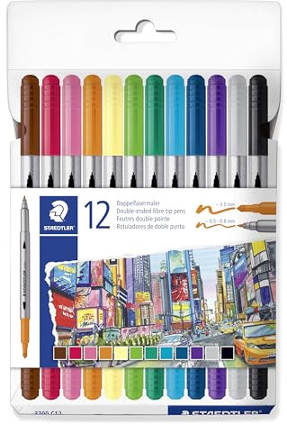 STAEDTLER 3200 Doppelfasermaler, zwei Spitzen für schmale und breite Linien, Etui mit 12 Doppelfasermalern in sortierten Farben, 3200 C12