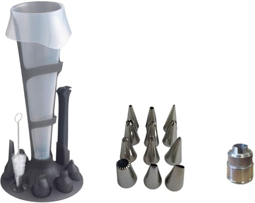 MASTRAD - Set Poche à Douille Professionnelle Réutilisable 1L + 12 DOUILLES INOX + Support + Goupillon de Nettoyage - Cuisine Pâtisserie Desserts - Sans BPA