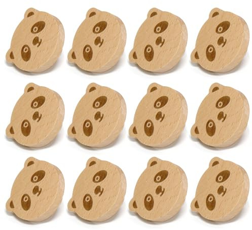 Auped Lot de 12 boutons en bois avec motif panda - Boutons décoratifs d'armoire et de tiroir - En bois massif avec texture naturelle - Idéal pour chambre d'enfant, meubles et armoire (panda)