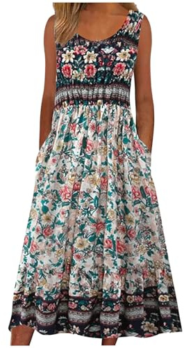 Boho Dresses for Women UK Italian Short Sleeve Button V Neck Dress with Pocket Ladies Floral Casual Sundress Elegant Swing Midi Dress Loose Pullover Lounge Dresses Beach Holiday Sundress