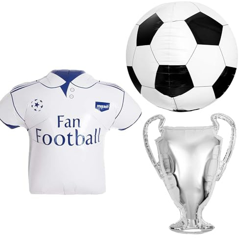AMZSystems - Pack 3 Globos Foil Fútbol Camiseta Blanca Estilo Real Madrid 68cm Balón 60 cm y Copa 80 cm Decoración Fiesta Cumpleaños Infantil Adultos Eventos Deportivos Aniversario ads