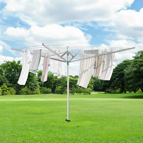Innotic Séchoir à Linge Parapluie Etendoir Linge Exterieur Pliable Portable, 4 Bras 56m, en Acier Inoxydable, étanche, Hauteur réglable, pour Le Jardin, avec Piquet de Sol, Charge maximale : 28 kg