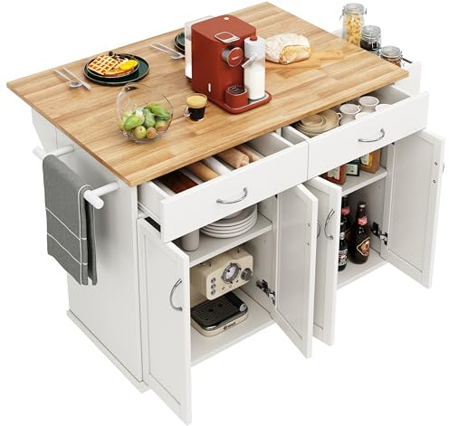 FammyLoft Rolling Kitchen Island on Wheels with Spice & Towel Rack, Kitchen Trolley with Folding Side Board, Adjustable Shelves, 2 Drawers Storage, Trolley with Large Cabinet for Home Kitchens, White