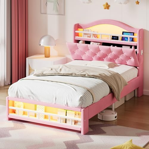 BTM 3ft Girls Single Bed with Diamond Tufted Headboard, Velvet Upholstered LED Bed Frame with Storage, Pink (No Mattress)