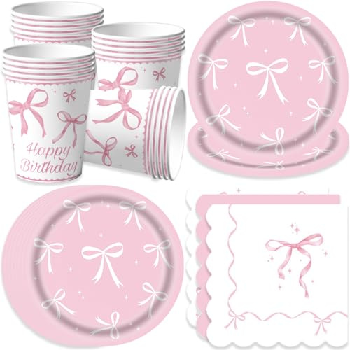 Bikasun Pink Bow Party Tableware Set, Princess Children's Birthday Tableware, Cups, Napkins, Paper Plates for Girls Women Party Supplies, Serves 16