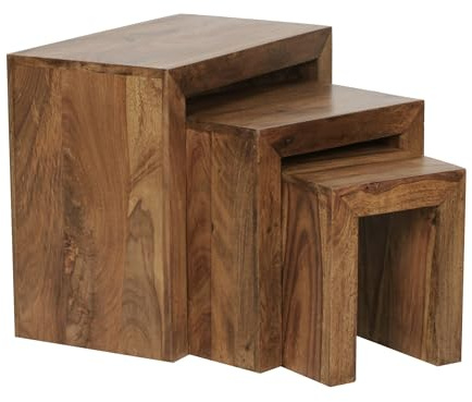 FineBuy 3er Set Satztisch Sheesham Massiv-Holz Wohnzimmer-Tisch Landhaus-Stil Beistelltisch braun Naturholz Couchtisch Natur-Produkt Wohnzimmermöbel Unikat Massivholzmöbel Echtholz Anstelltisch