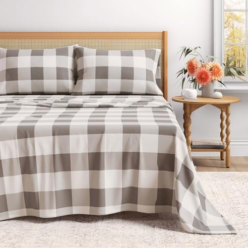 Great Bay Home Flannel Sheet Set King Size - 100% Turkish Cotton, Double-Brushed, Printed Bed Sheets - Ultra-Soft, Cozy, 4-Piece Bedding Set (Buffalo Check - Grey)