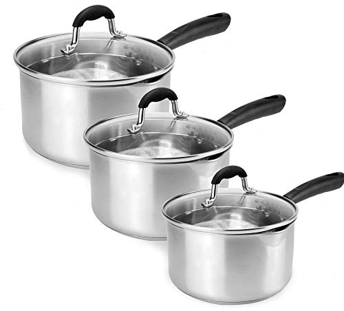Stainless Steel Saucepan Set 3 Piece (16cm 18cm 20cm) with Glass Straining Lids – Induction & Ceramic Hob Compatible, Pouring Lips | Maison & White