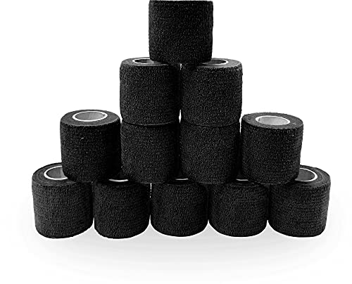 SUPERBE Selbstklebender Verband Haftbandage Selbstklebend 5cm x 4.5m, Tattoo Grip Tape Selbsthaftende Bandage Fixierbinde Selbsthaftend - Ideal für Mensch und Haustiere (Schwarz, 12-Rollen)