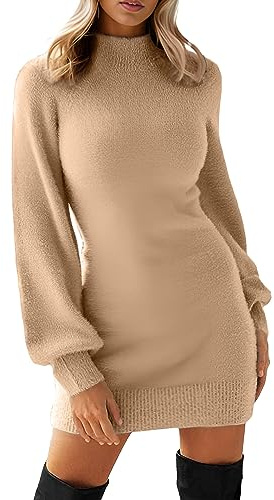 GRECERELLE Womens Jumper Dress Winter Mock Neck Long Sleeve Bodycon Knit Pullover Jumpers Ladies Mini Sweater Dresses
