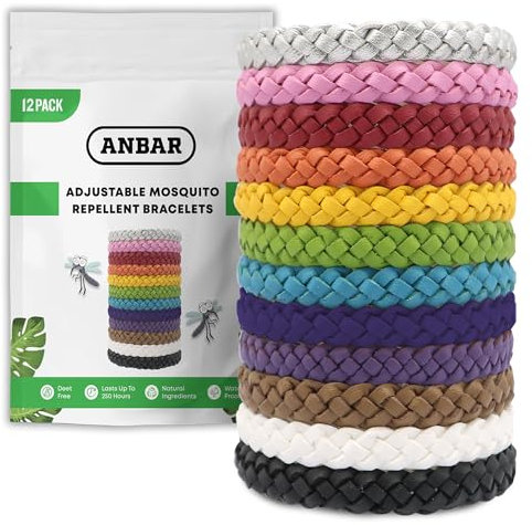 Anbar Leather Mosquito Repellent Bracelets for Adults and Kids, 12 Pack, Deet Free, All-Natural Anti-Mosquito, Tick, and Insect Essential Oils, 300-Hour Waterproof Outdoor Protection (Solid)