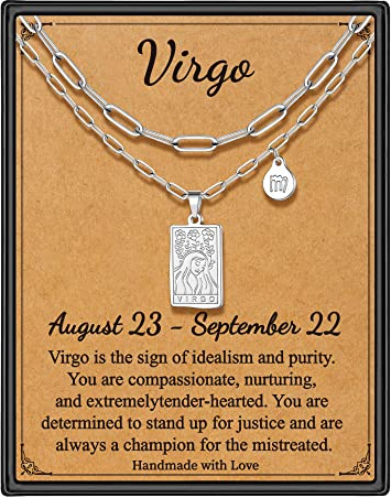 STORUP Virgo Gifts for Women, Retro Silver Virgo Necklaces Constellation Tarot Card Pendant Layered Zodiac Horoscope Spiritual Necklaces Jewelry Gifts for Women