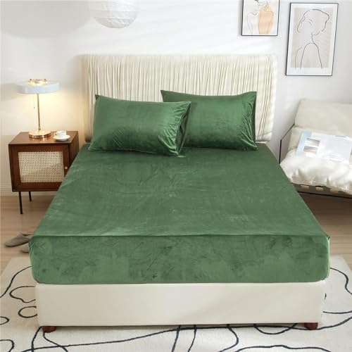 Sábana bajera de felpa de 200 x 200 cm, de terciopelo para invierno, color verde, verde oliva, cálida, mullida, juego de sábanas de rizo, 200 x 200 cm, sábana bajera ajustable para colchón alto