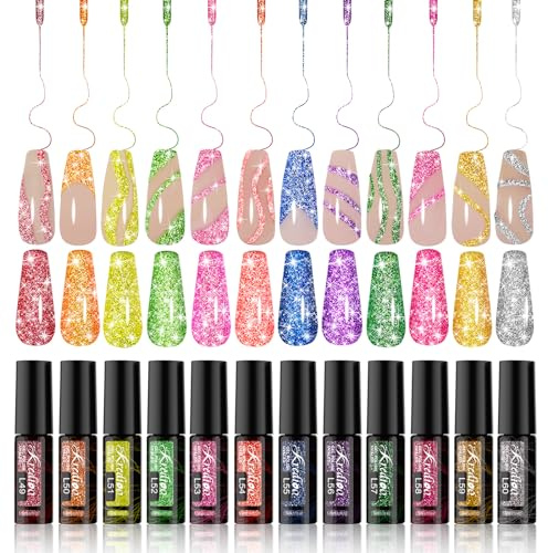 Kredioo Reflective Nail Art Gel Liner 12 PCS, Glitter Red Silver, Golden Green Pink Set, DIY Salon Nail Art Kit, Built Thin Brush Pens for Painted Swirl Nails