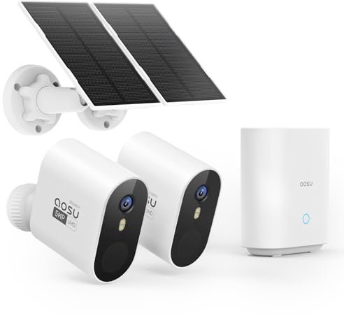 AOSU 3K Camera Surveillance WiFi Exterieure sans Fil Solaire Kit, 5MP Solar Caméra Security Exterieur sur Batteries avec Homebase, 2 Solarcam, Détection Mouvement, Vision Nocturne Couleur