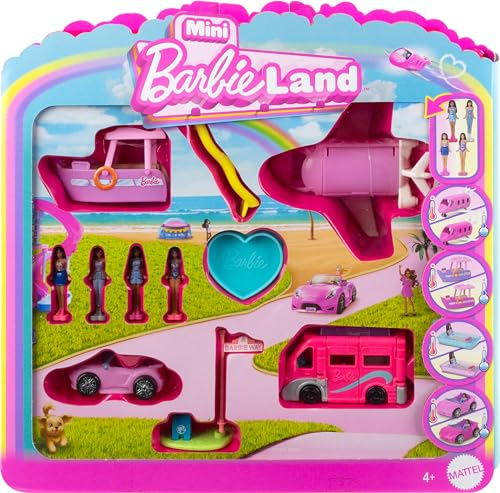 Barbie Mini BarbieLand 4er-Set Puppen- und Spielzeugfahrzeugset mit 4 ca. 3,8 cm großen Puppen und 4 kultigen Spielzeugfahrzeugen mit überraschendem Farbwechsel, JDB85