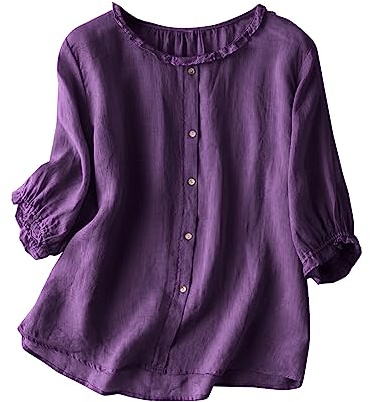 Blouses Femmes Brodée Col Rond Chemise Imprimé Fleuri T-Shirts Coton et Lin Manches 3/4 Décontracté avec Boutonné Chic Vintage Brodé Tops Manches Trois Quarts Hauts Lâche Respirant Chemisier