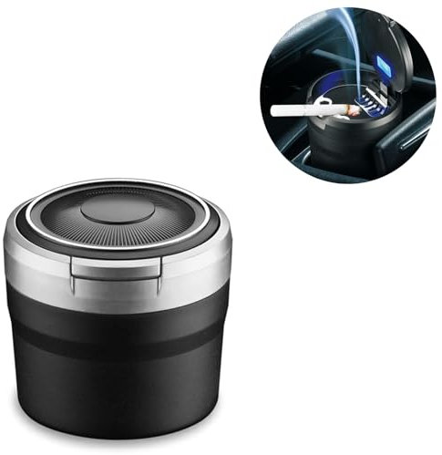 Cendrier de voiture, cendrier de voiture amovible portable avec lumière LED, cendrier auto - extinguible avec couvercle pliant, cendrier de voiture non - fumeur en acier inoxydable Mini (Argenté)