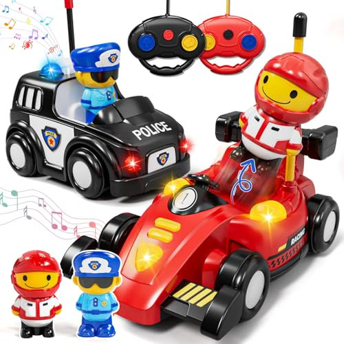 Lehoo Castle Toys for 1 2 3 Year Old Boy, Remote Control Cars for Kids Age 3, 2 Pack Pop-up Race & Police RC Car 2 Year Old Boy Toys, Gifts for 1-3 Year Old Boys with Lights & Music
