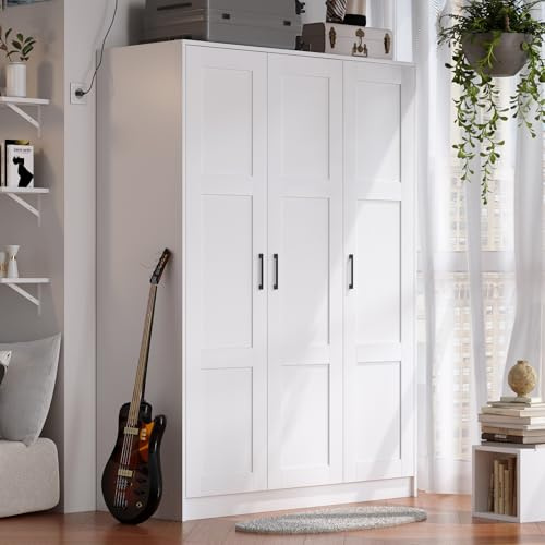 Armadio armadio in legno a 3 ante, armadio bianco per appendere vestiti, armadio indipendente di grande capacità, armadio in legno con ripiani