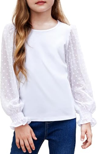Arshiner Girls Elegent Cuff Long Sleeve Blouse Crew Neck | Girls Long Sleeve Shirt with Smocked Ruffle Cuffs Polka Swiss Dots Kids Pullover Shirts Top