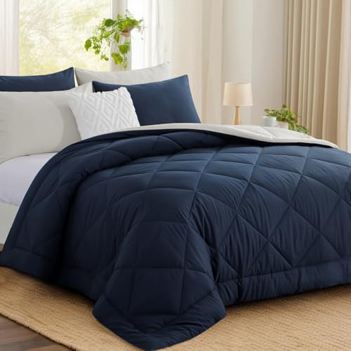 Aisbo Coverless Duvet King Size 10.5 Tog - 230x 220cm, Navy Blue Cosy and Lightweight Quilt, Reversible Comforter with 2 Pillowcases, Navy/Beige