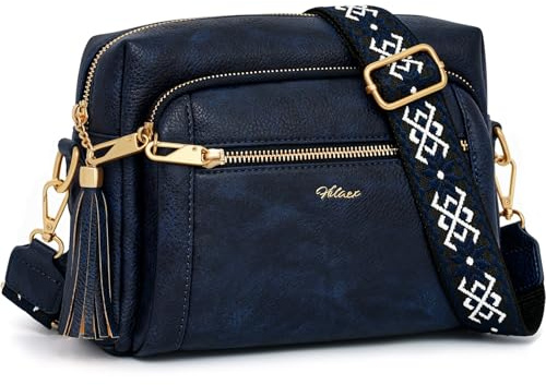 HILAEX Umhängetasche Damen mit Anti Diebstahl, Handtasche Damen Mittelgroß mit 4 Fächern, mit Verstellbar Abnehmbar Breiter Gurt Blau