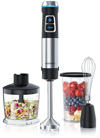 Arendo - Stabmixer Edelstahl 1200 Watt Set - Pürierstab - stufenlose Geschwindigkeit - 4-flügeliges Messer - 800 ml Messbecher – Schneebesen