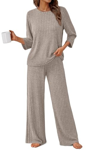 LILLUSORY Womens 2 Piece Lounge Sets Pajamas Matching Outfits 2026 3/4 Sleeve Fall Clothes Vacation Comfy Casual Sweatsuits Trendy Pjs Loungewear Travel Soft Sleepwear Khaki L