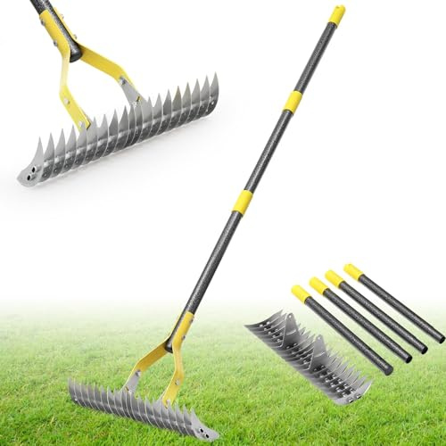 Harrms Thatch Rake, Garden Scarifying Rake Heavy Duty with 19 Steel Teeth 178cm, 38cm Wide Manual Dethatcher & Scarifier Tool for Lawn Scarifying, Moss & Grass Removal, Soil Levelling, Lawn Aeration