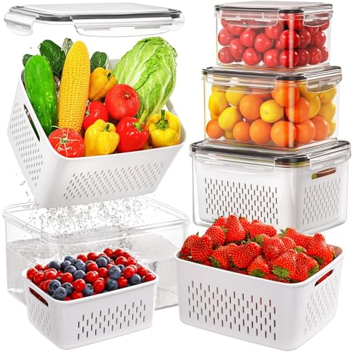 Embutido nevera con colador y tapa-Juego de 4 organizadores nevera apilables,fruta, verdura, ensalada, queso-Recipientes frigorifico sin BPA para almacenamiento alimentos frescos380+800+1700+3150ml)