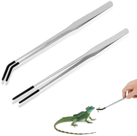 2 PCS Reptile Feeding Tongs with Rubber Tip, Aquarium Tweezers, Stainless Straight and Curved Long Aquarium Tweezers, Feeder Tool for Tanks, Lizards Feeders