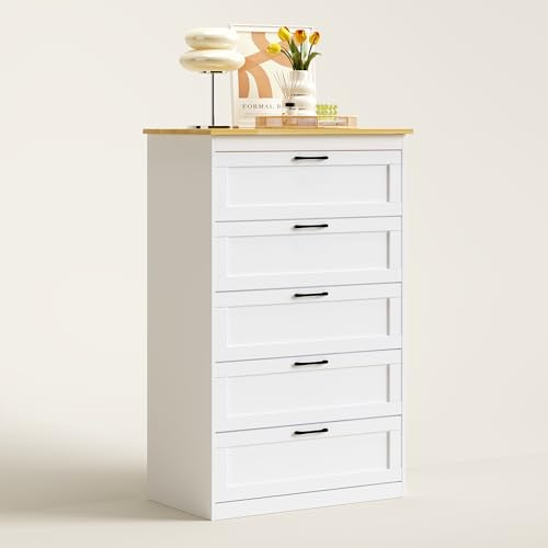 ROCSUMOO Kommode mit 5 Schubladen fürs Schlafzimmer-Weiße Holzkommode mit breitem Metallgriff, hohem Seitenspeicherschrank und Anti-Kipp-Gerät (40Bx70Tx110H cm)