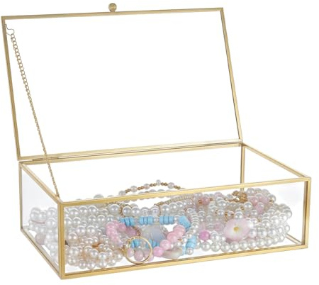 nbeads Caja de joyería dorada vintage con tapa de vidrio, 15.2x10.2x2.55cm, bordes decorativos - Organizador de joyería con bisagra para collares, pulseras y anillos - Decoración para el hogar