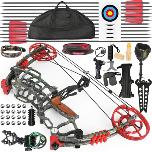 FQH Dual-Purpose Compound Bow Set, 30-70 LBS Adjustable Draw Weight 25-30 Draw Length, 420 FPS Archery Bow for Arrows & Steel Balls, Camo Hunting Bow with Die-Cast Alloy Construction (Red Camo)