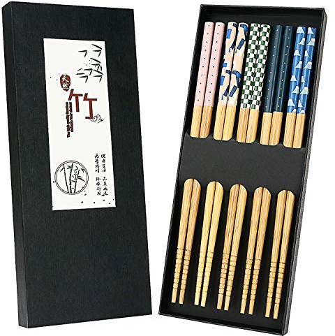5 paia di bacchette giapponesi in bambù naturale con motivo unico, lavabili in lavastoviglie, riutilizzabili, antiscivolo, set regalo per piatti asiatici, sushi, spaghetti di riso, bastoncini cinesi