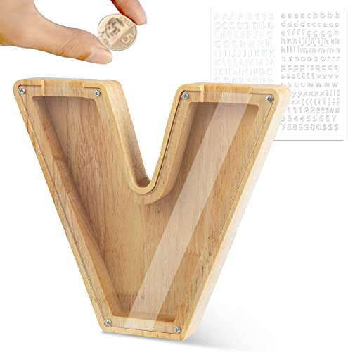 LEcylankEr Spardose Kinder Personalisierte A-Z Alphabet Sparbüchse Holz Spardose Dekoration Kreative groß Sparschwein als Geschenke für Geburtstag, Weihnachten und Thanksgiving (V)