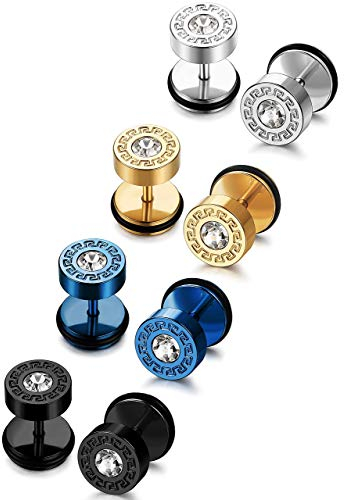 JeryWe 4Paare Ohrringe Ohrstecker Set Herren Damen Edelstahl Runde CZ Schraub Ohrringe Barbell Ohrstecker Fake Plugs Ohr Tunnel Piercing Ohrschmuck Silber Gold Schwarz