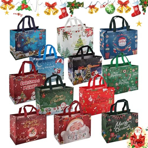 Sacchetto Regalo Natale,12 PCS Borsa di regalo natale,31.5cm×25cm×17cm Buste Regalo Natale,Sacchetto Regalo con Manici,Buste regalo,Natale Sacchetti Confezione,Sacchetti Regalo Natalizi